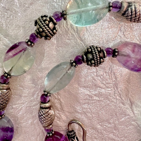 Natural Fluorite 925 Sterling silver Necklace. Large Tri-color Fluorite Pendant - Picture 2 of 15